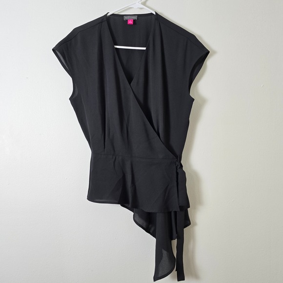 Vince Camuto Blouse Womens Small Short Sleeve Wrap V Neck Black - Picture 1 of 8